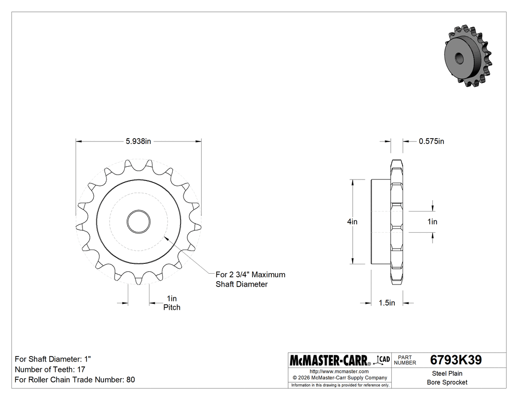 Technical Drawing of Steel Plain Bore Sprocket, for Single-Strand ANSI 80 Roller Chain, 17 Teeth.